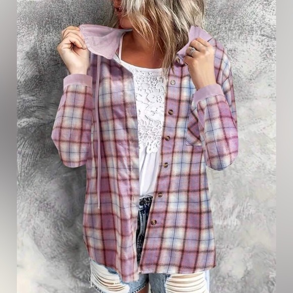 Classic Plaid Checkered Hoodie Button Down Up Shirt Top - Picture 5 of 10